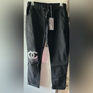 NWT Grey Violet Black Stretch cotton pant with CC Logo and side and back pockets